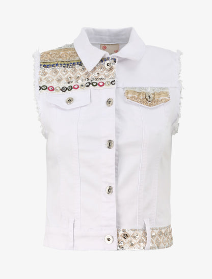 Veste en jean sans manches ornée de sequins et de perles - Blanc - 1