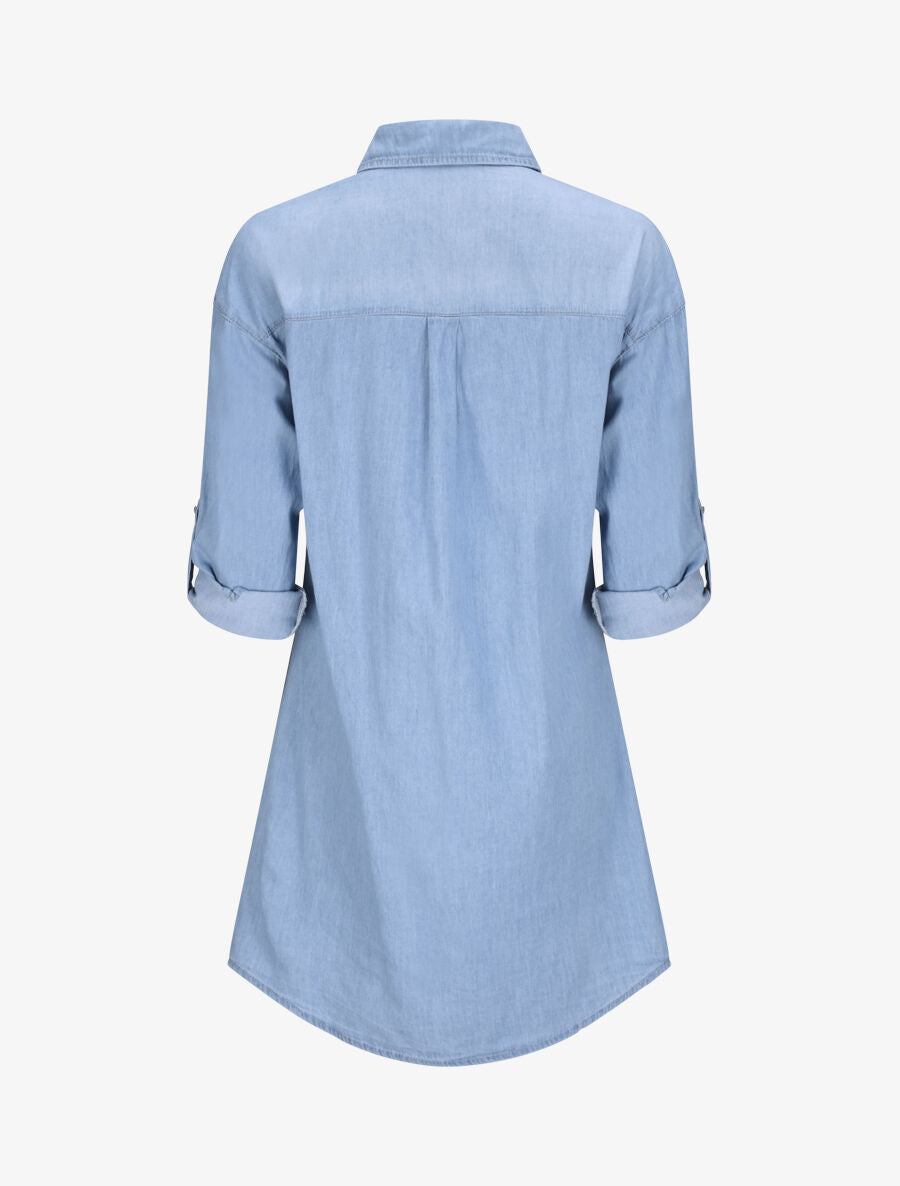 Robe chemise droite en jean épaules à sequins - Bleu - 2