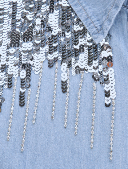 Robe chemise droite en jean épaules à sequins - Bleu - 3