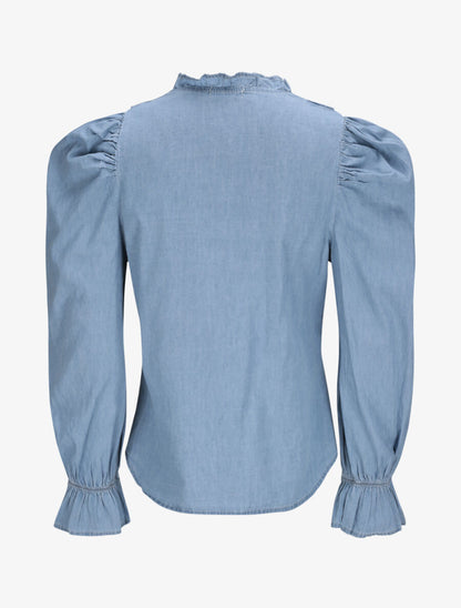 Chemise en jean droite unie volantée - Bleu - 2