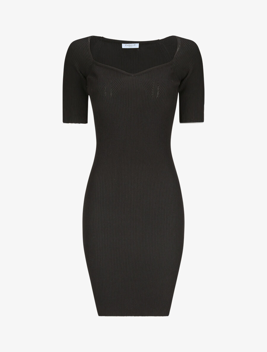 Robe courte ajustée unie à col en coeur - Noir - 4