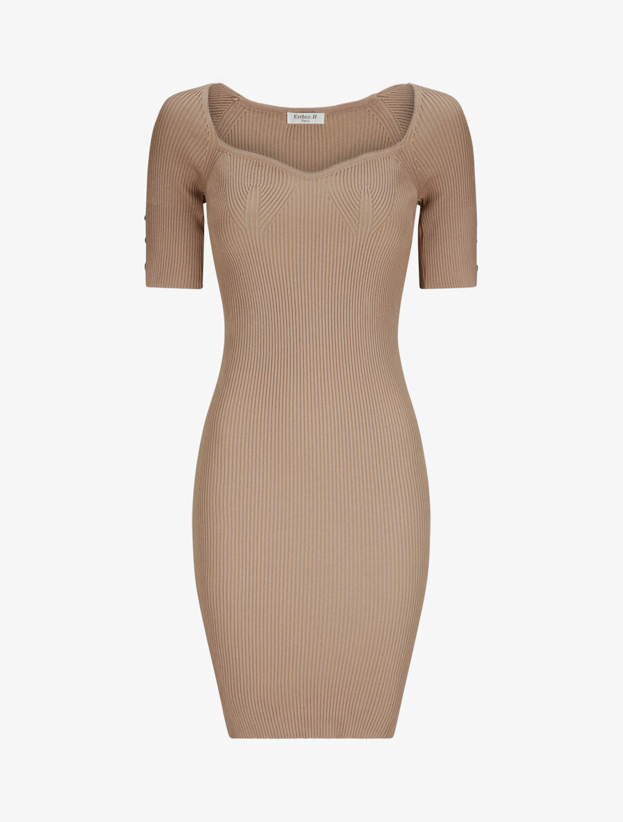 Robe courte ajustée unie à col en coeur - Beige - 4