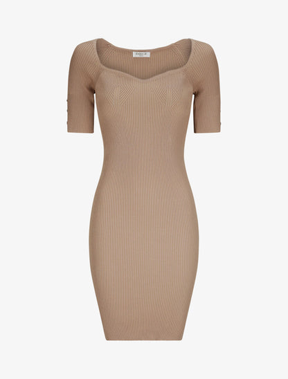 Robe courte ajustée unie à col en coeur - Beige - 4