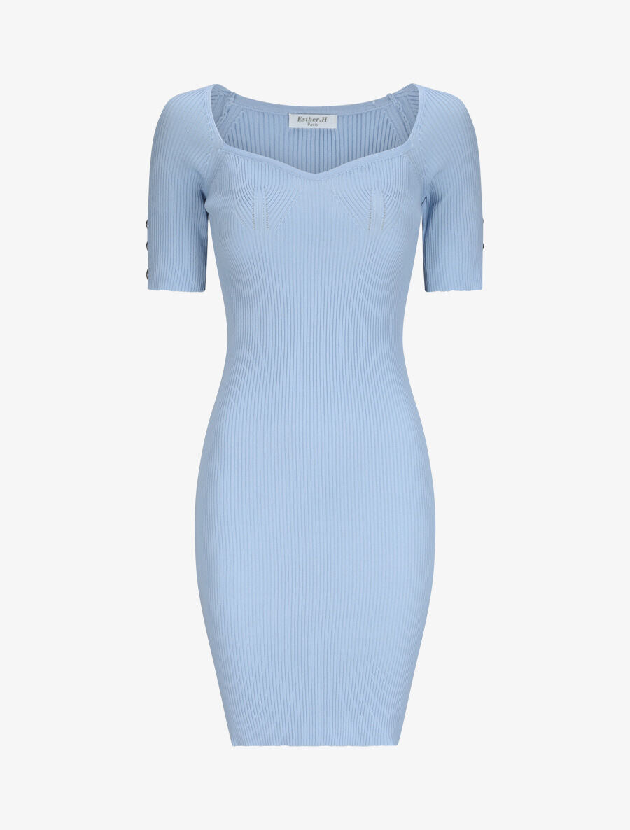 Robe courte ajustée unie à col en coeur - Bleu ciel - 1