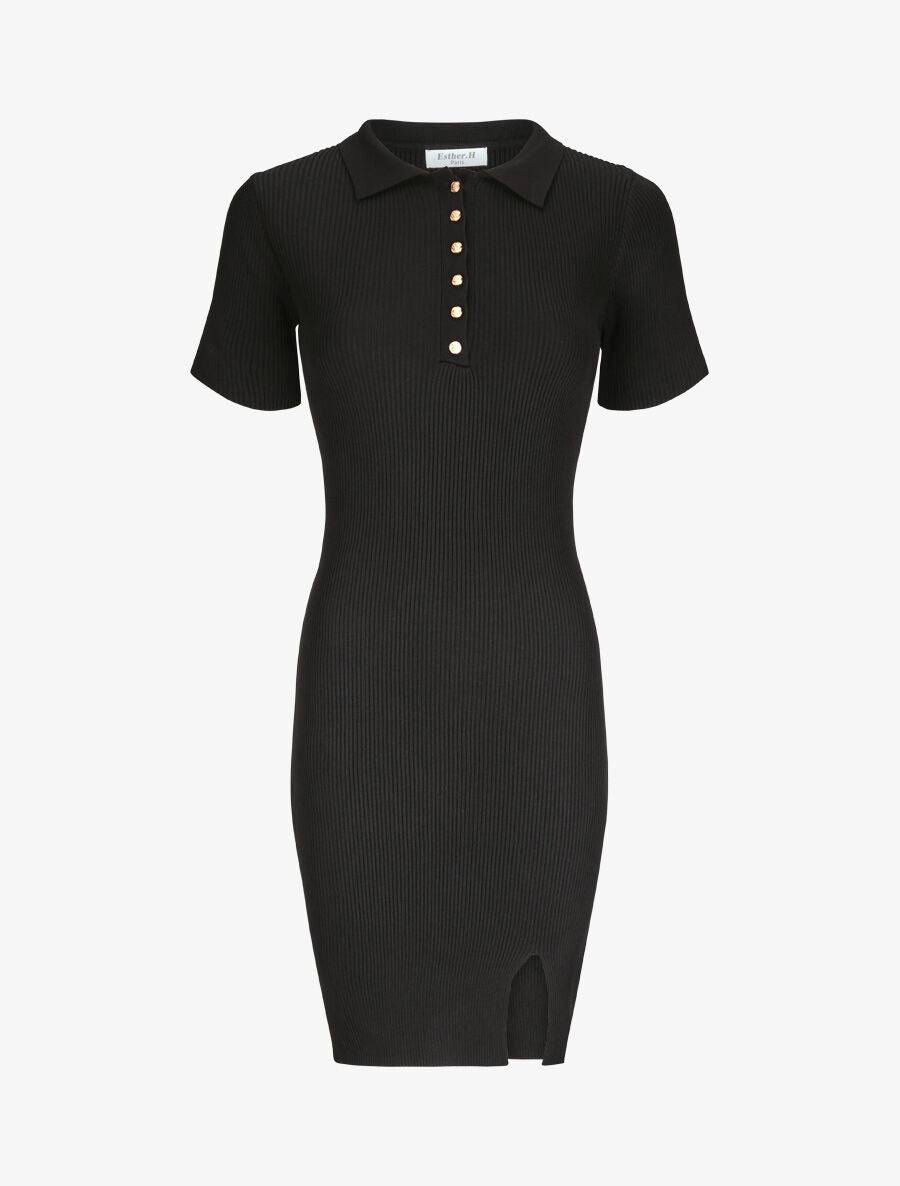 Robe courte ajustée unie à col à pied - Noir - 4