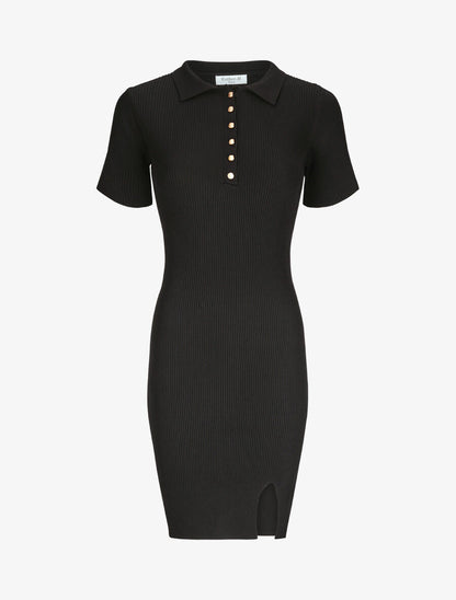 Robe courte ajustée unie à col à pied - Noir - 4