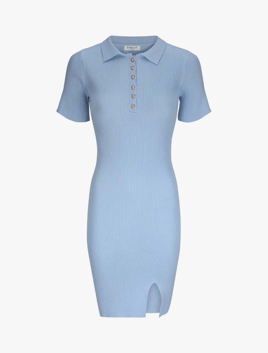 Robe courte ajustée unie à col à pied - Bleu ciel - 1