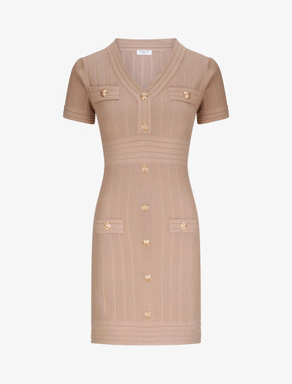 Robe courte ajustée côtelée à boutons dorés - Beige - 1