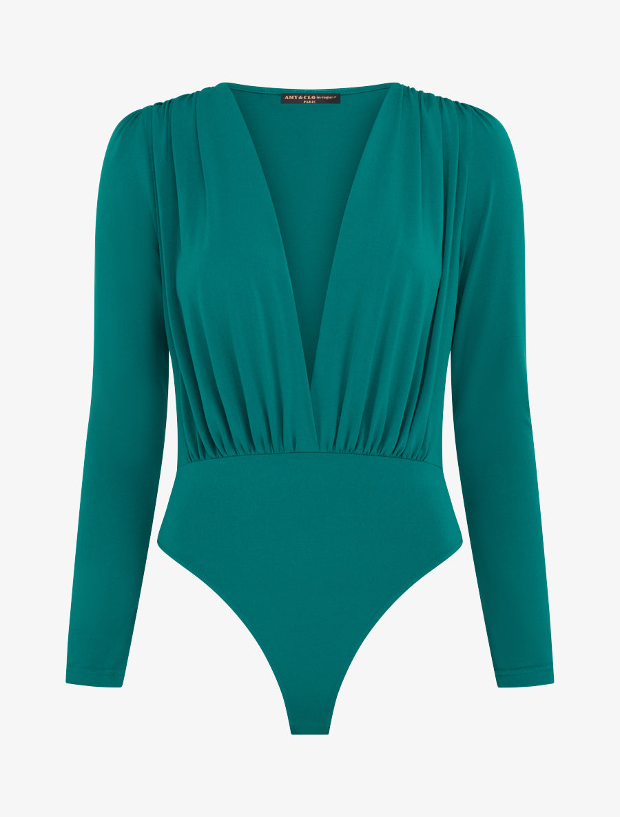 Body à manches longues et décolleté plongeant - Vert émeraude - 1