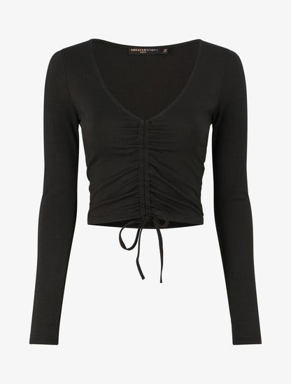 Crop top côtelé avec liens de serrage - Noir - 1