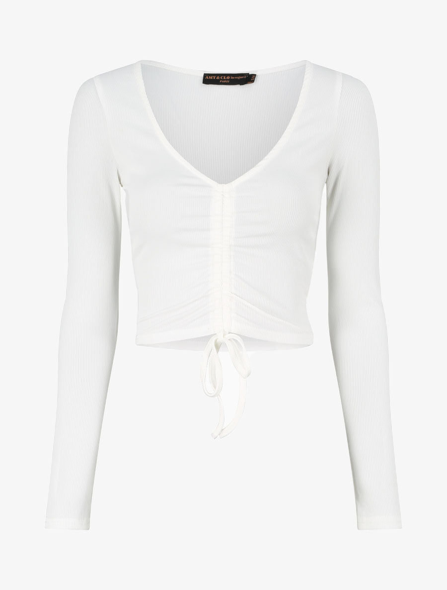 Crop top côtelé avec liens de serrage - Blanc - 1
