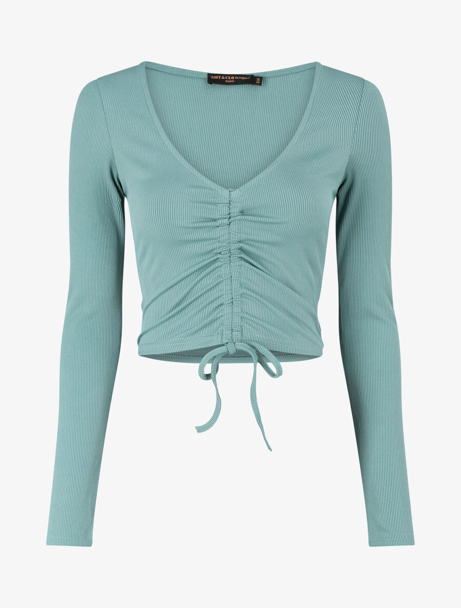 Crop top côtelé avec liens de serrage - Menthe - 4