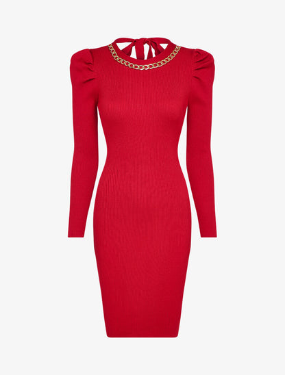 Robe pull côtelée et moulante à détail chaîne - Rouge - 1