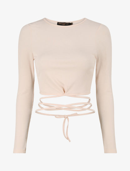 Crop top côtelé à manches longues et liens à nouer - Beige - 4