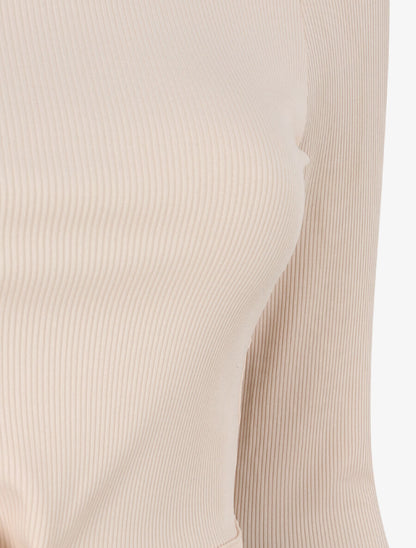 Crop top côtelé à manches longues et liens à nouer - Beige - 3