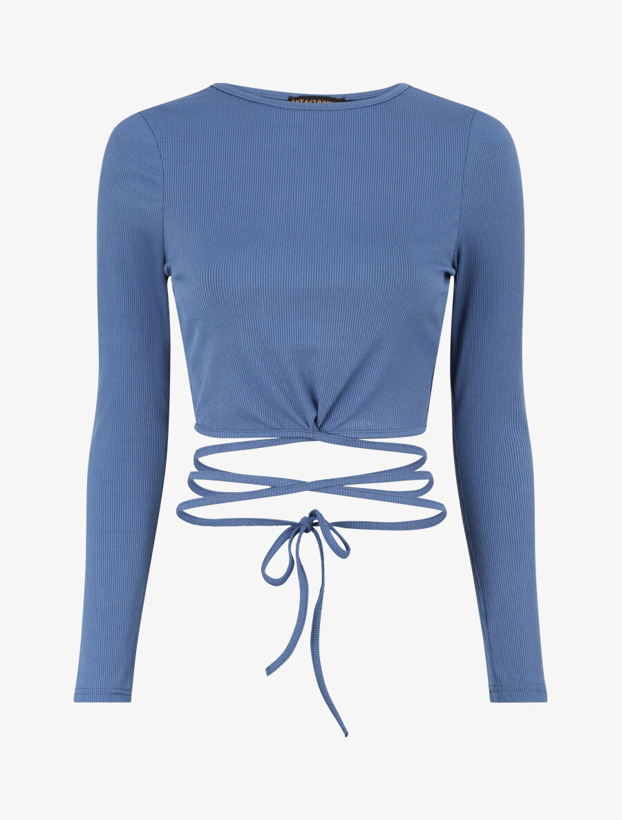 Crop top côtelé à manches longues et liens à nouer - Bleu - 4
