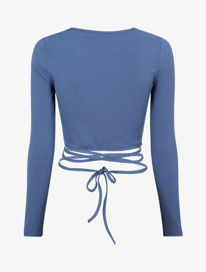 Crop top côtelé à manches longues et liens à nouer - Bleu - 2