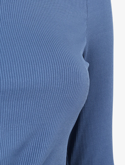Crop top côtelé à manches longues et liens à nouer - Bleu - 3