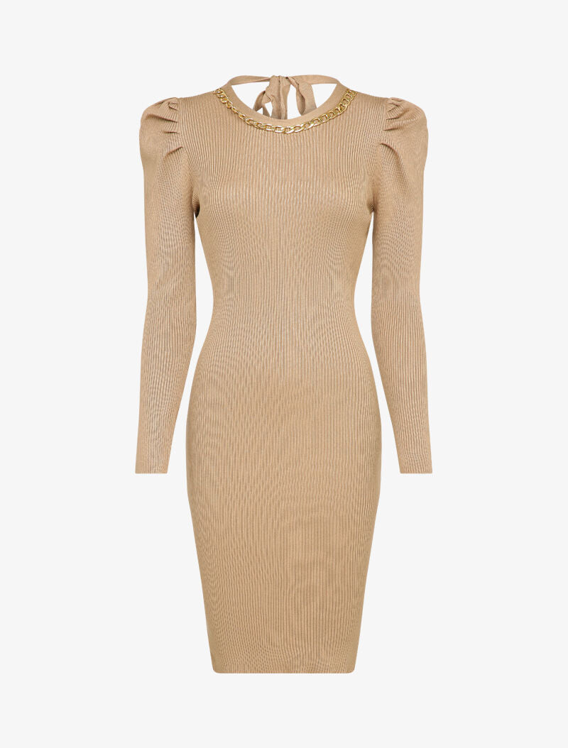 Robe pull côtelée et moulante à détail chaîne - Beige foncé - 4