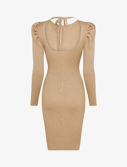 Robe pull côtelée et moulante à détail chaîne - Beige foncé - 2