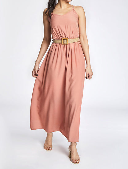 Robe longue unie à bretelles - Vieux rose - 4