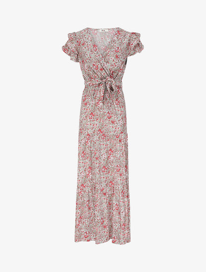 Robe longue empire fendue à imprimé fleurs des champs - Kaki - 4