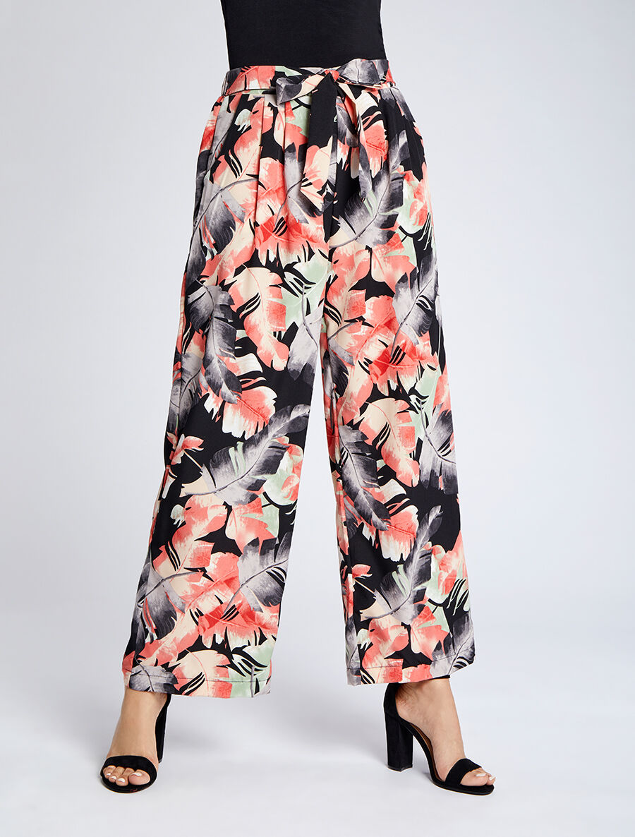 Pantalon ample à imprimé feuilles stylisées - Noir - 4