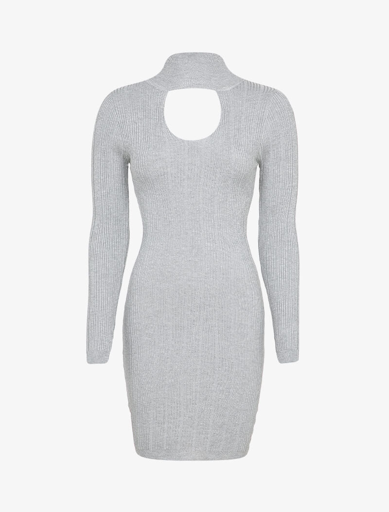 Robe pull côtelée à décolleté en V - Gris - 1