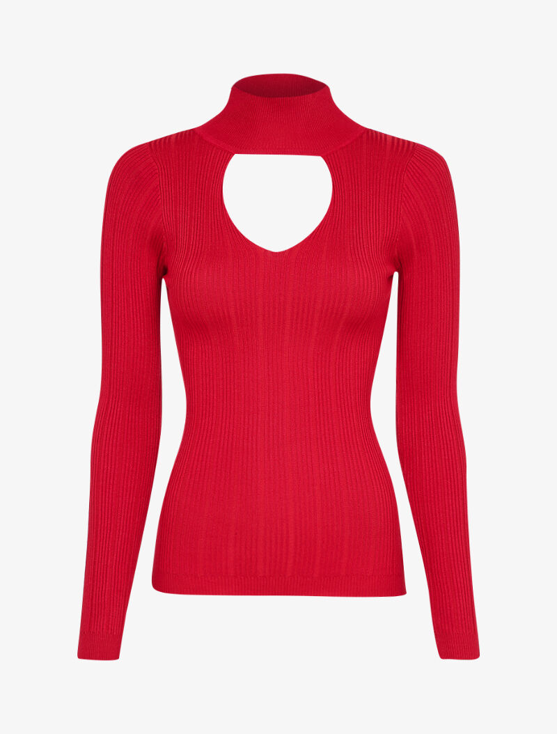 Pull côtelé à décolleté en V - Rouge - 3