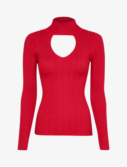 Pull côtelé à décolleté en V - Rouge - 3