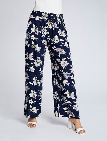 Pantalon ample imprimé été fleuri - Marine - 4