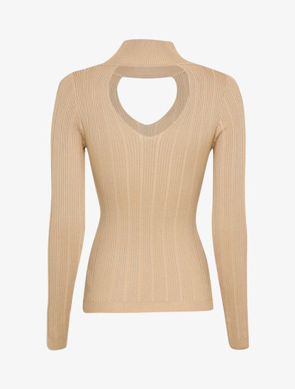 Pull côtelé à décolleté en V - Beige - 2