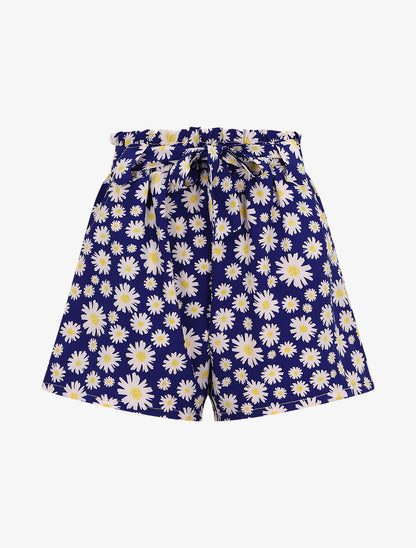 Short à taille froncée imprimé pâquerettes - Bleu - 1
