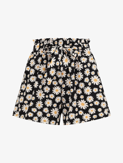 Short à taille froncée imprimé pâquerettes - Noir - 1