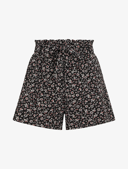Short à taille froncée imprimé petites fleurs - Noir - 1