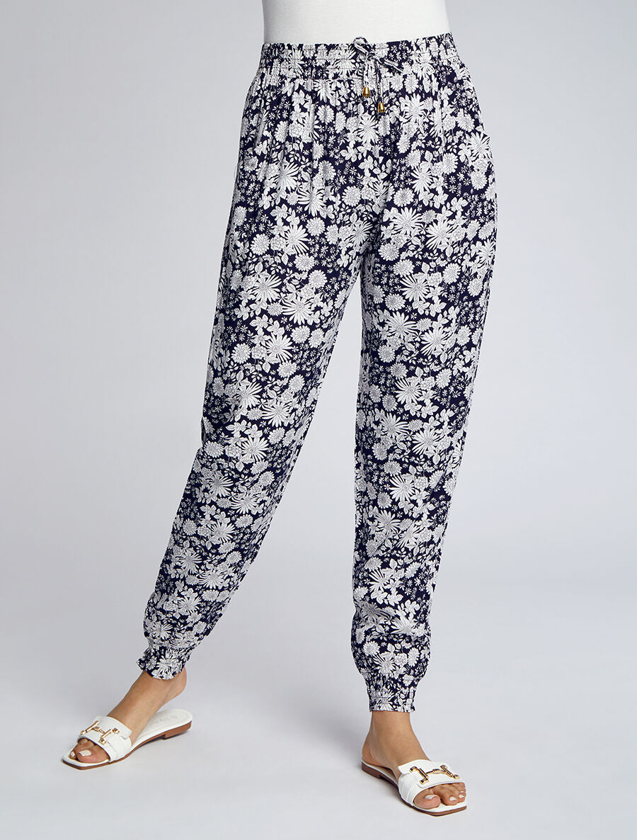Pantalon imprimé fleurs stylisées - Marine - 4