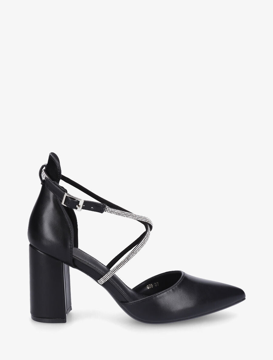 Escarpins unis à talon bloc et strass - Noir - 1