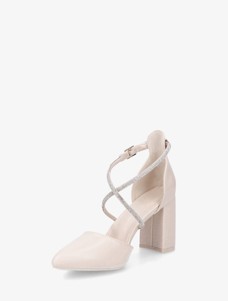 Escarpins unis à talon bloc et strass - Beige - 3