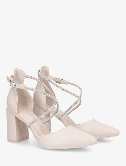 Escarpins unis à talon bloc et strass - Beige - 4