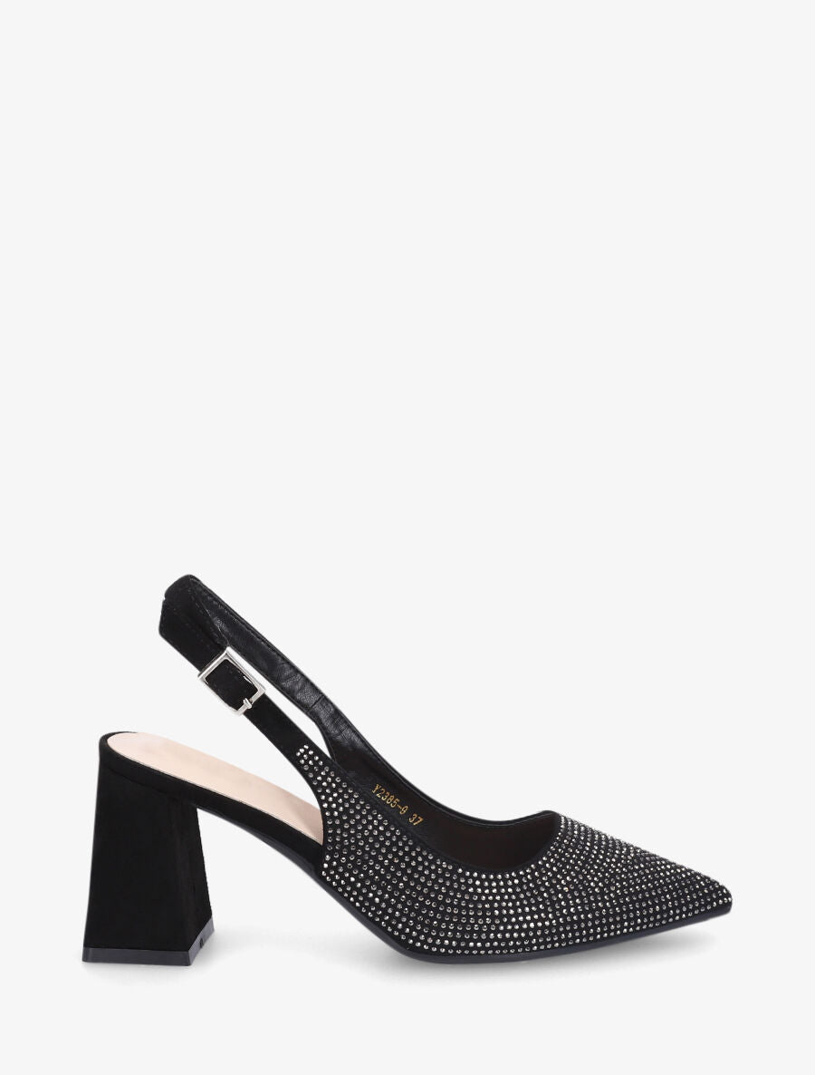 Escarpins en suédine à talon bloc et strass - Noir - 5