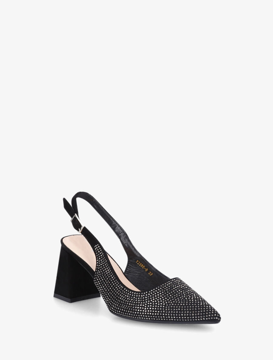 Escarpins en suédine à talon bloc et strass - Noir - 2