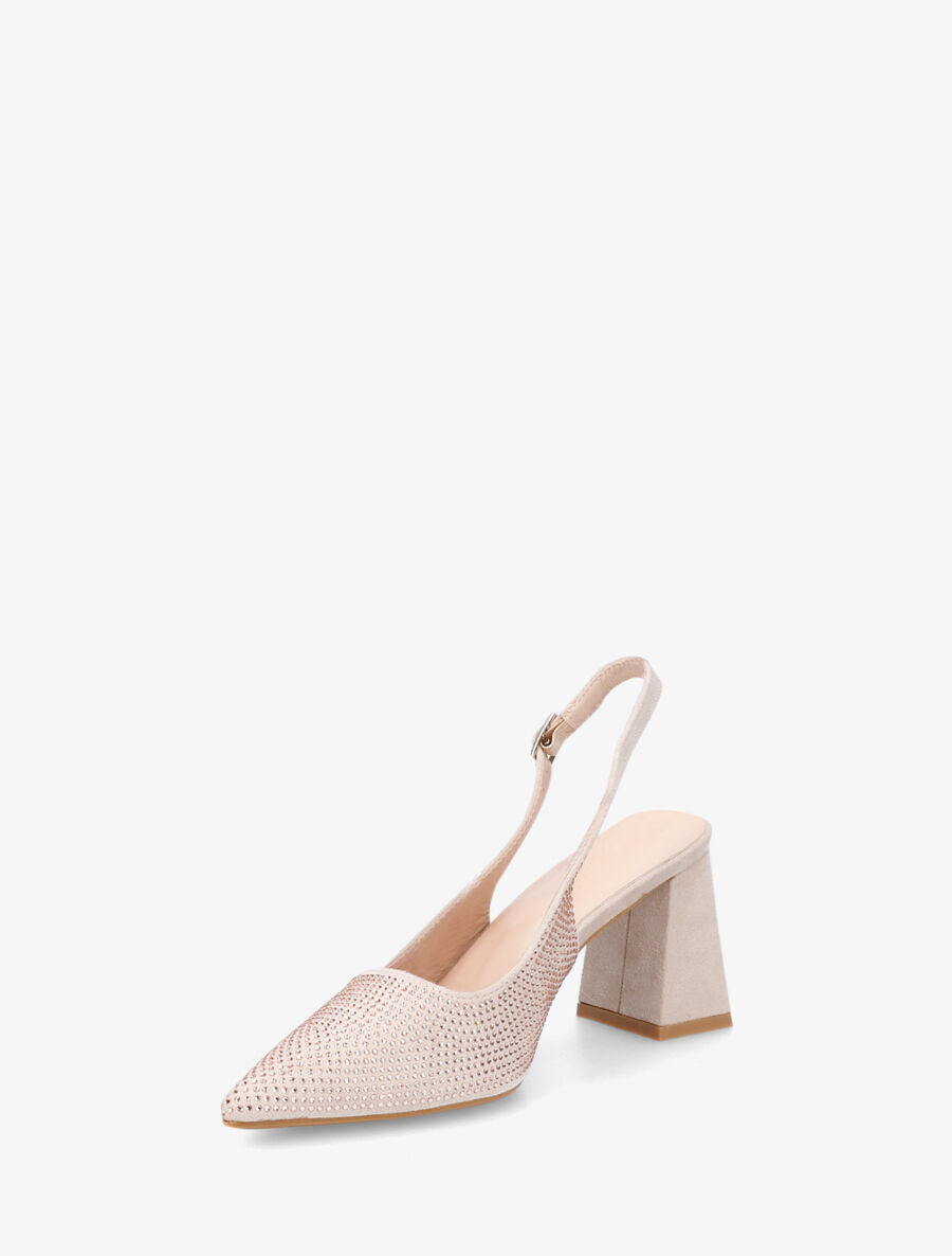 Escarpins en suédine à talon bloc et strass - Beige - 3