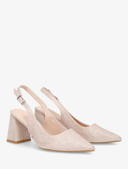Escarpins en suédine à talon bloc et strass - Beige - 4