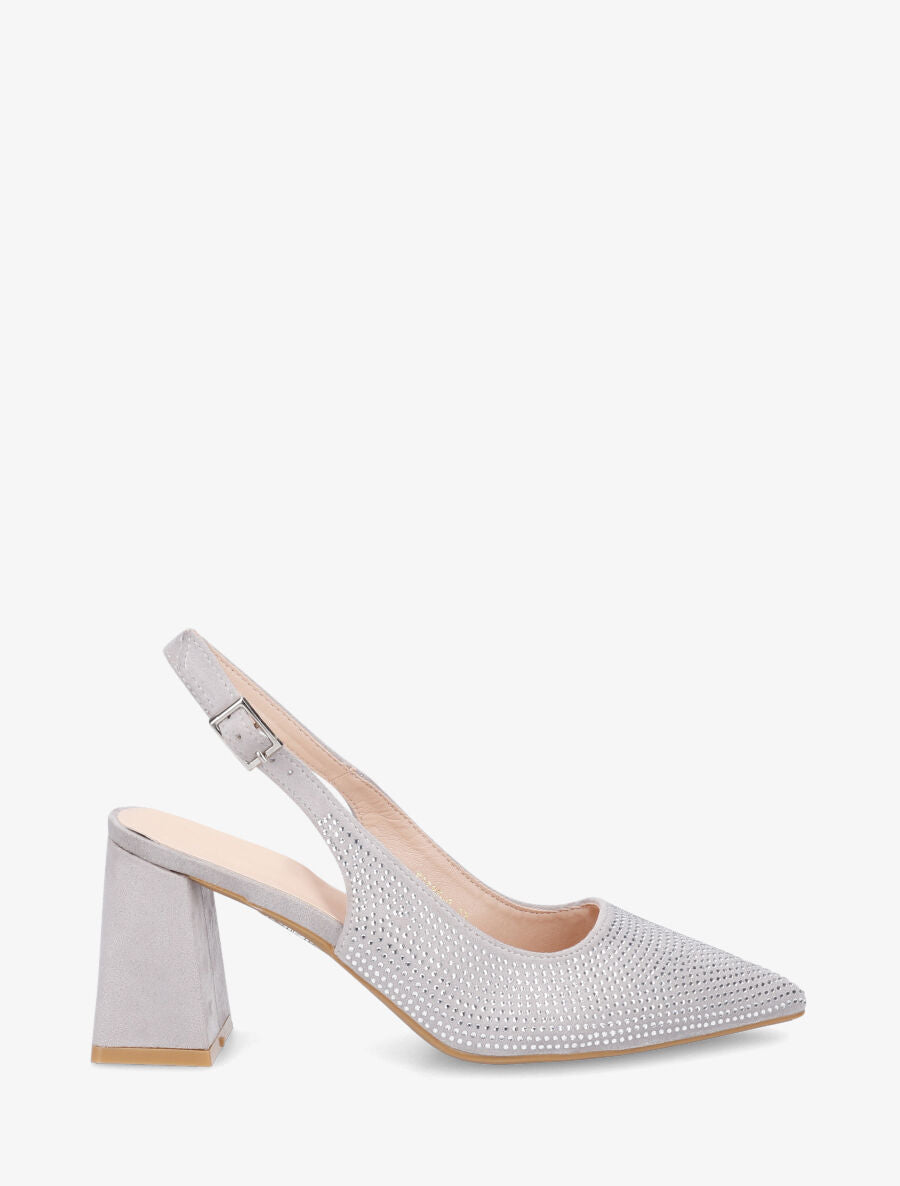 Escarpins en suédine à talon bloc et strass - Gris - 1