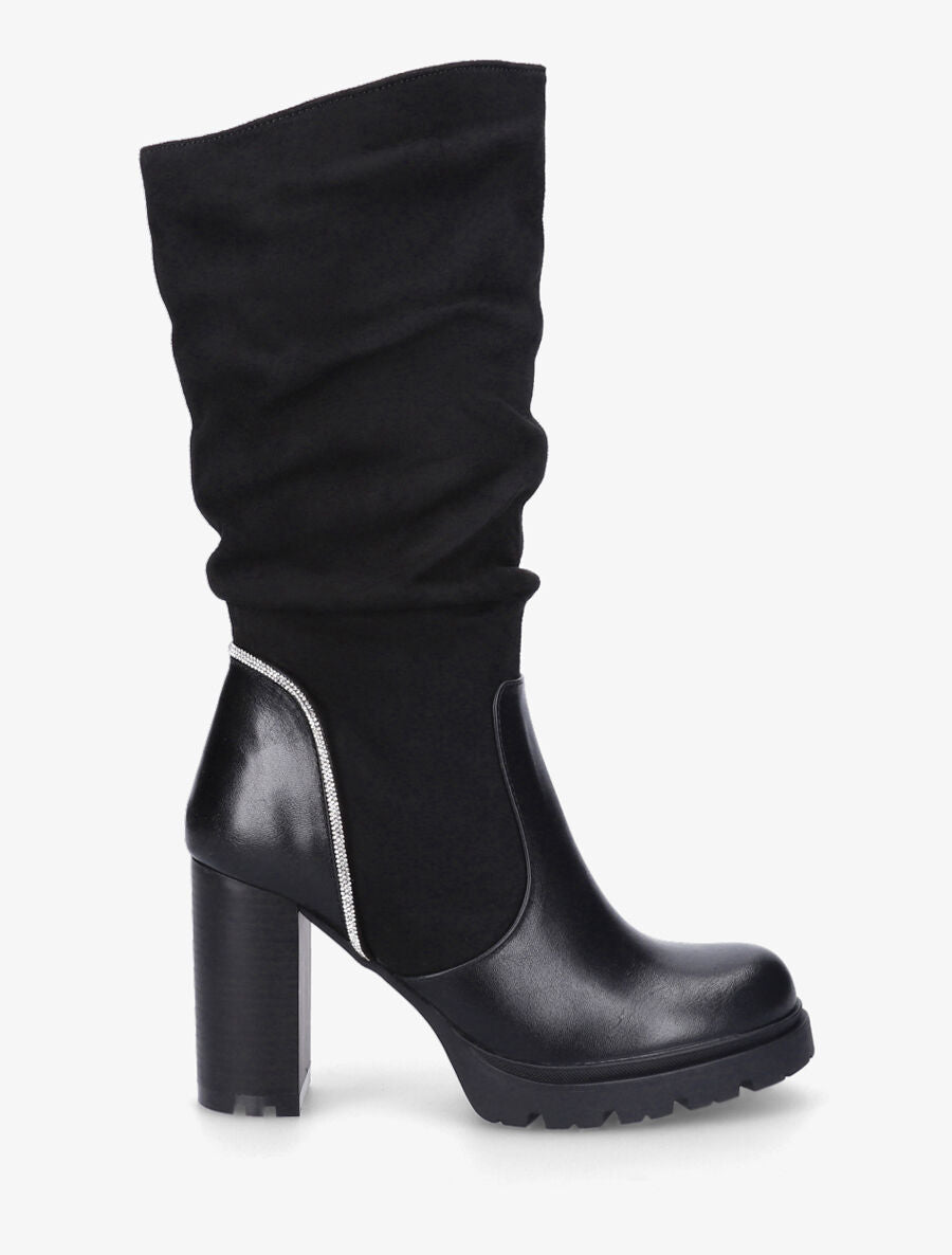Bottes à talon et strass bi-matière - Noir - 5