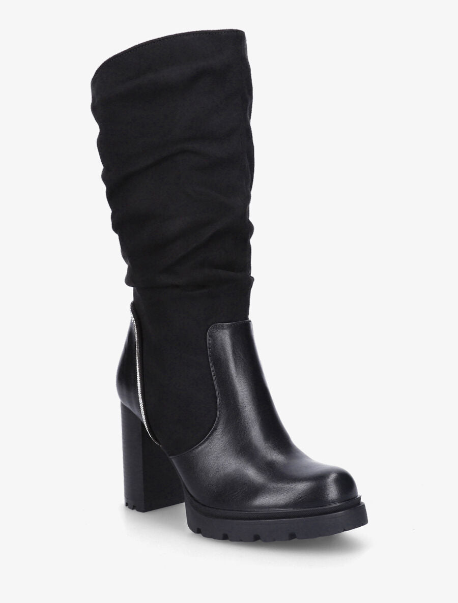 Bottes à talon et strass bi-matière - Noir - 2