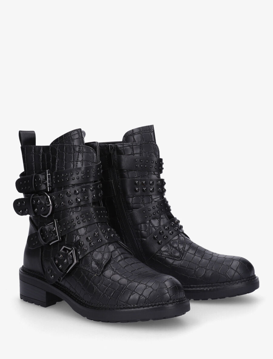 Bottines effet croco à multi sangles - Noir - 4
