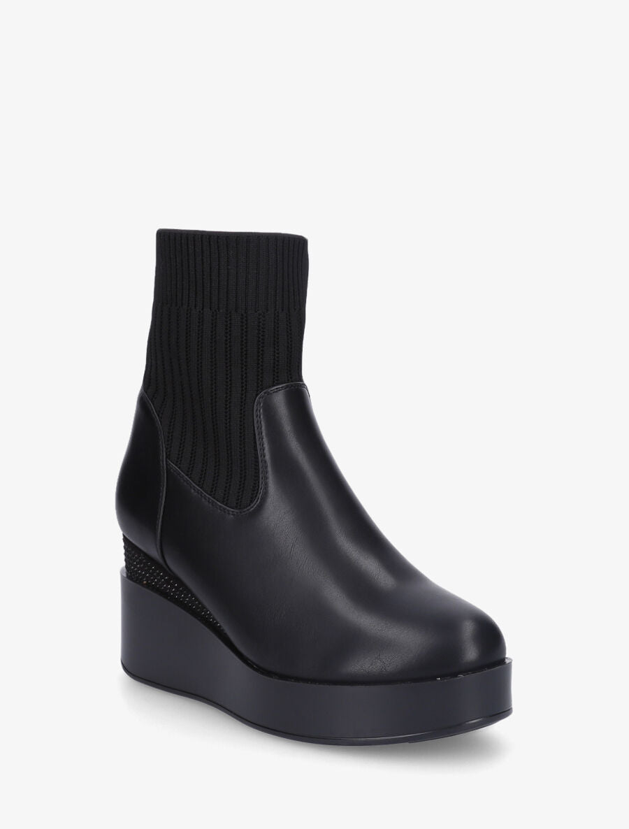 Bottines bi-matière et talon compensé strassé - Noir - 2