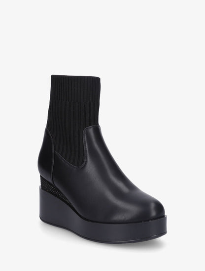 Bottines bi-matière et talon compensé strassé - Noir - 2