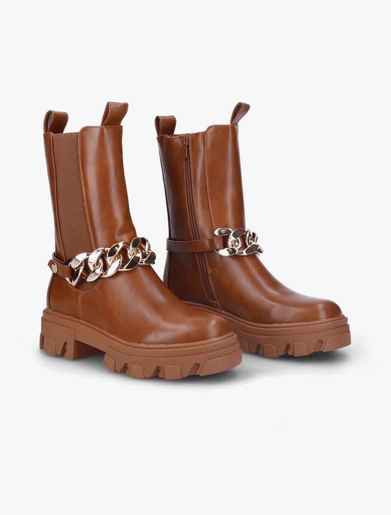 Bottines montantes en simili à détail chaîne - Camel - 1